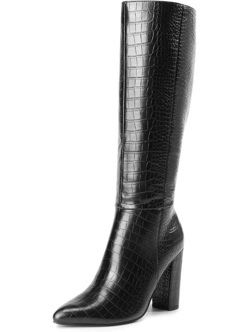 Women's Black Faux Leather Chunky Heel Pointed Toe Side Zipper Knee High Boots